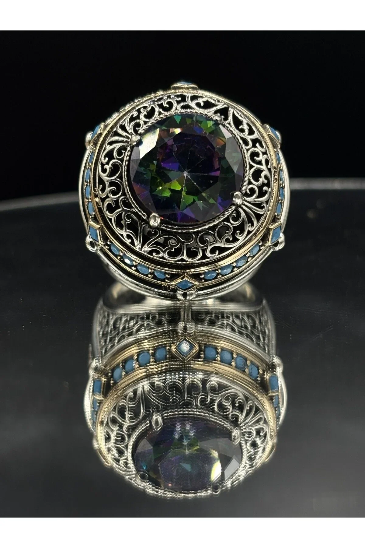 Erkek Gümüş Yüzük Mistik Topaz Taşlı 925 Ayar