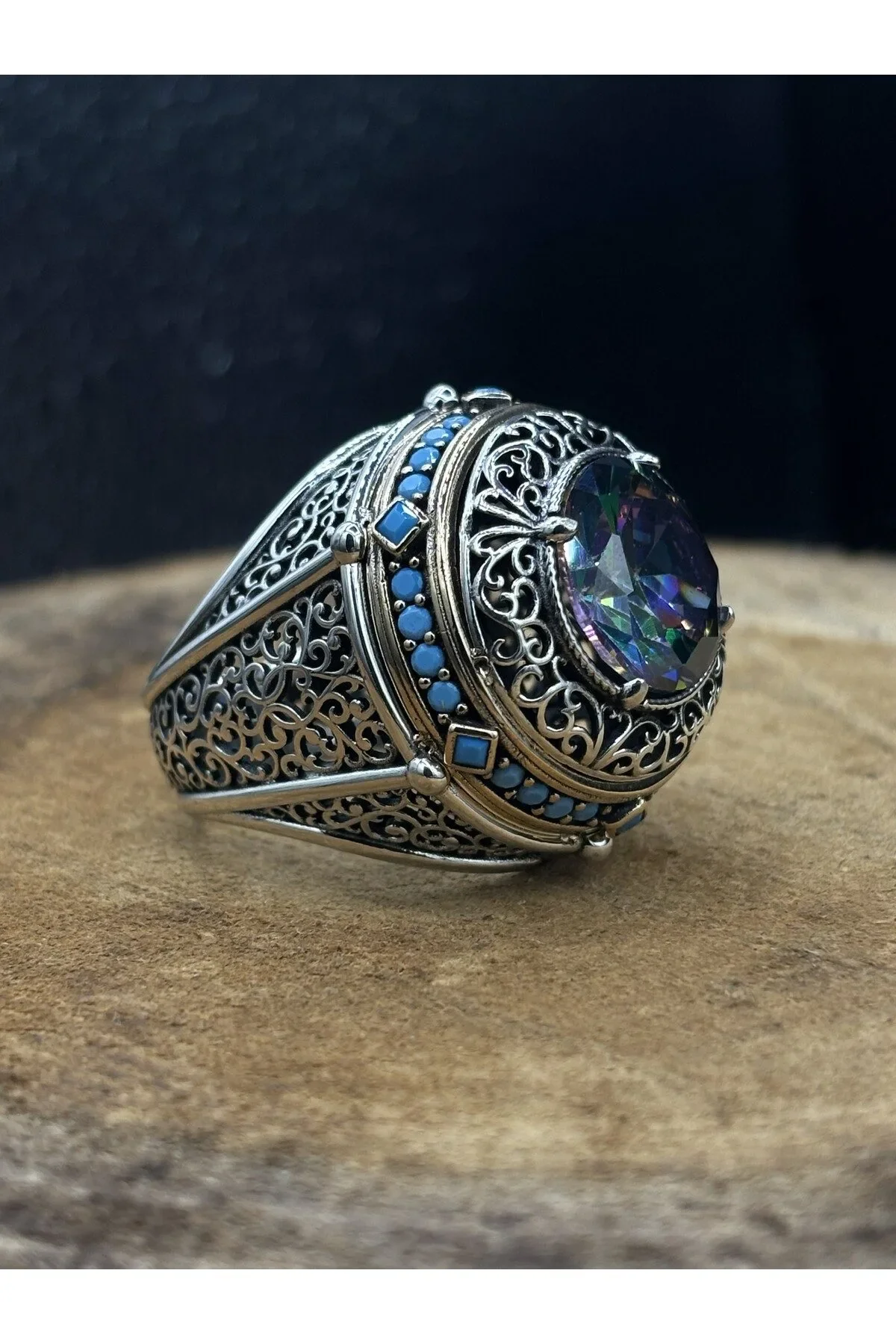Erkek Gümüş Yüzük Mistik Topaz Taşlı 925 Ayar