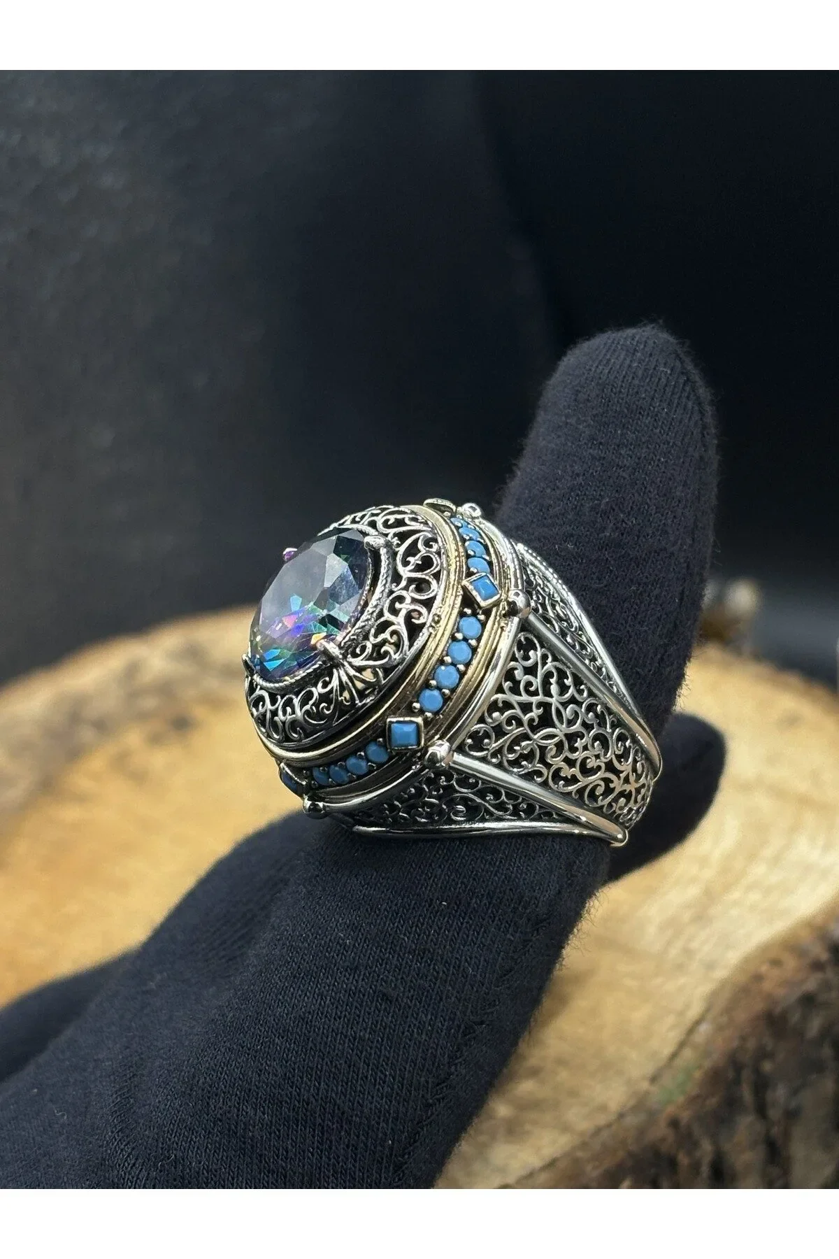 Erkek Gümüş Yüzük Mistik Topaz Taşlı 925 Ayar
