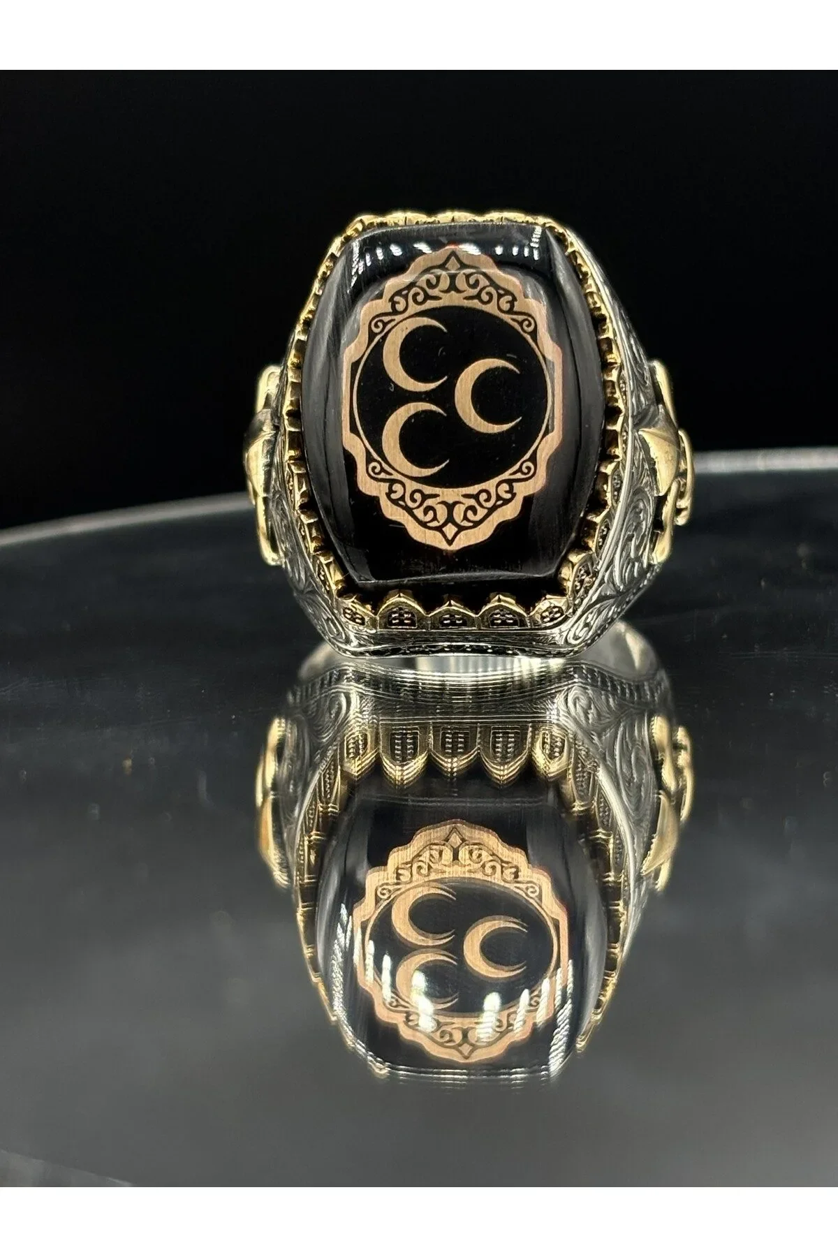 Erkek Gümüş Yüzük Zirkon Taşlı 3 Hilal Modeli 925 Ayar