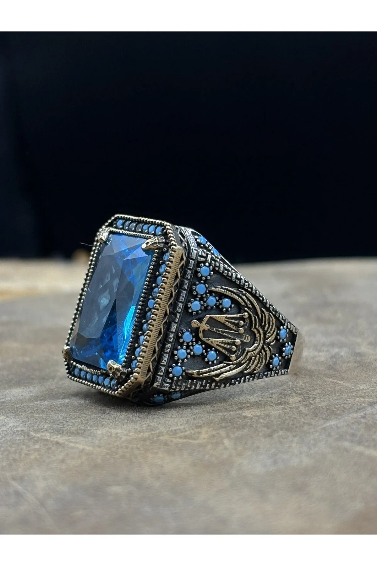 Erkek Gümüş Yüzük Aqua Blue Taşlı 925 Ayar