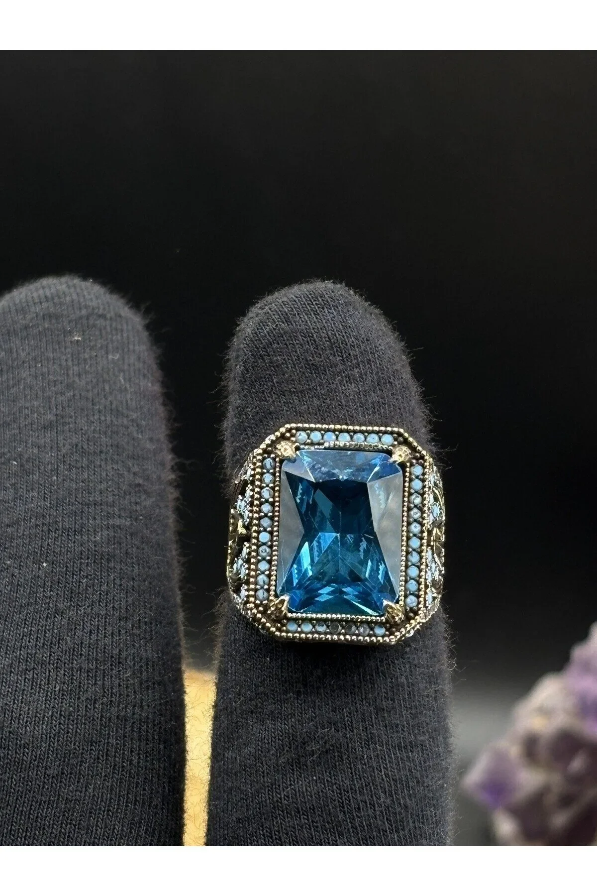 Erkek Gümüş Yüzük Aqua Blue Taşlı 925 Ayar