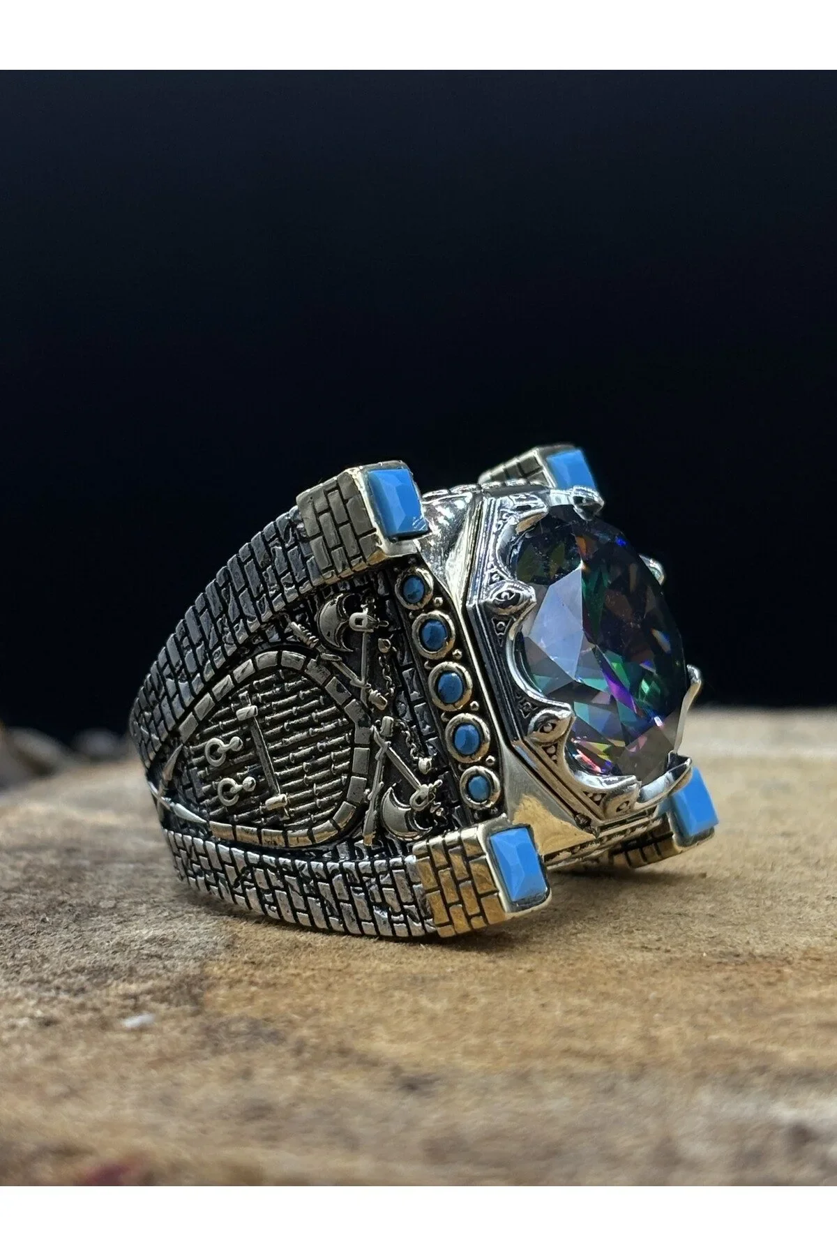 Erkek Gümüş Yüzük Mistik Topaz Taşlı 925 Ayar