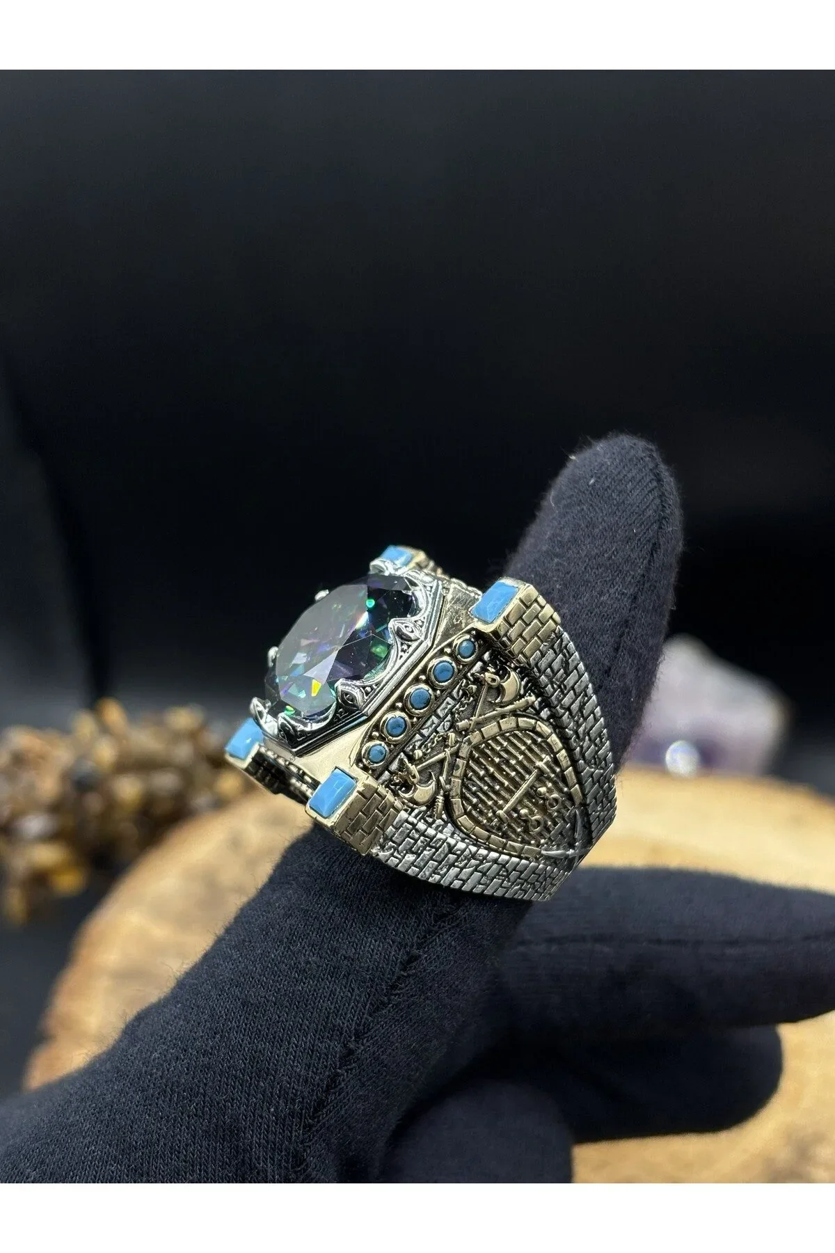 Erkek Gümüş Yüzük Mistik Topaz Taşlı 925 Ayar