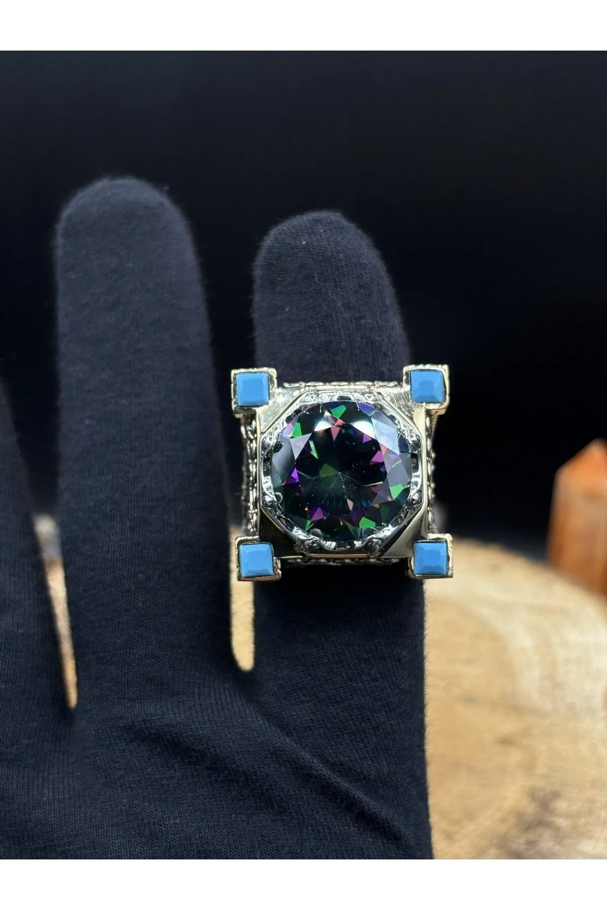 Erkek Gümüş Yüzük Mistik Topaz Taşlı 925 Ayar