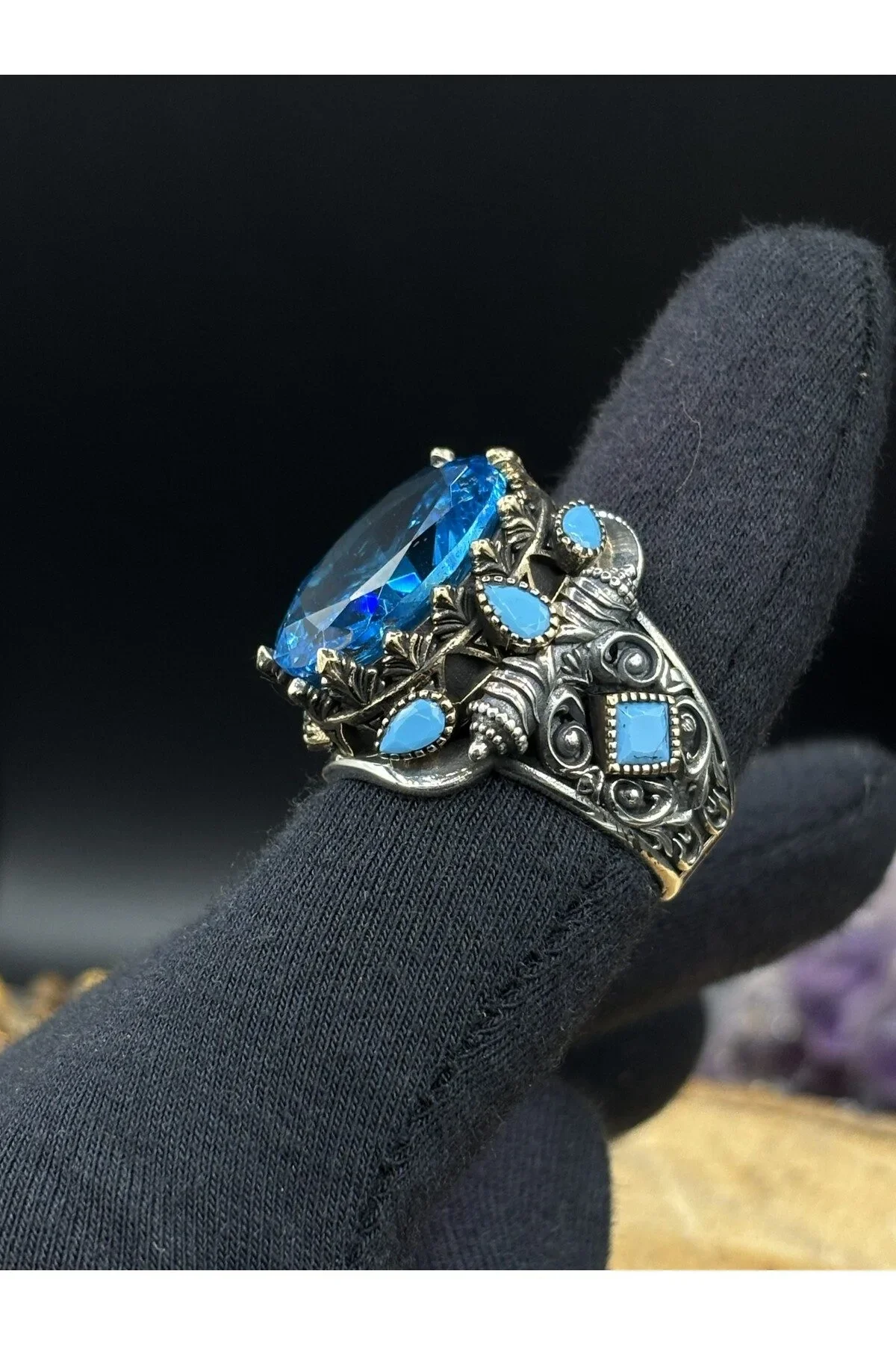 Erkek Gümüş Yüzük Aqua Marine Taşlı 925 Ayar