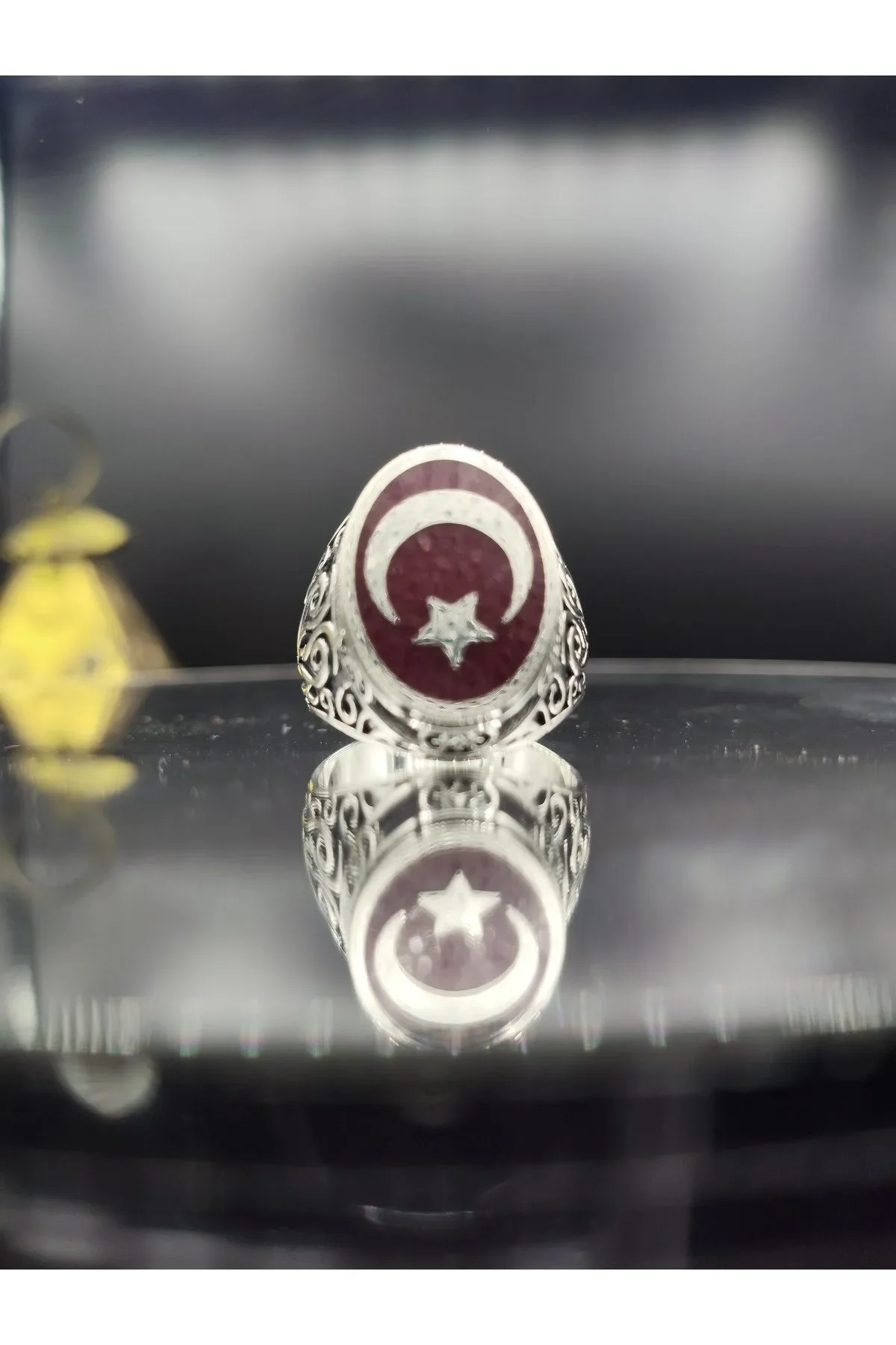 Erkek Gümüş Yüzük Türk Bayrağı İşlemeli 925 Ayar