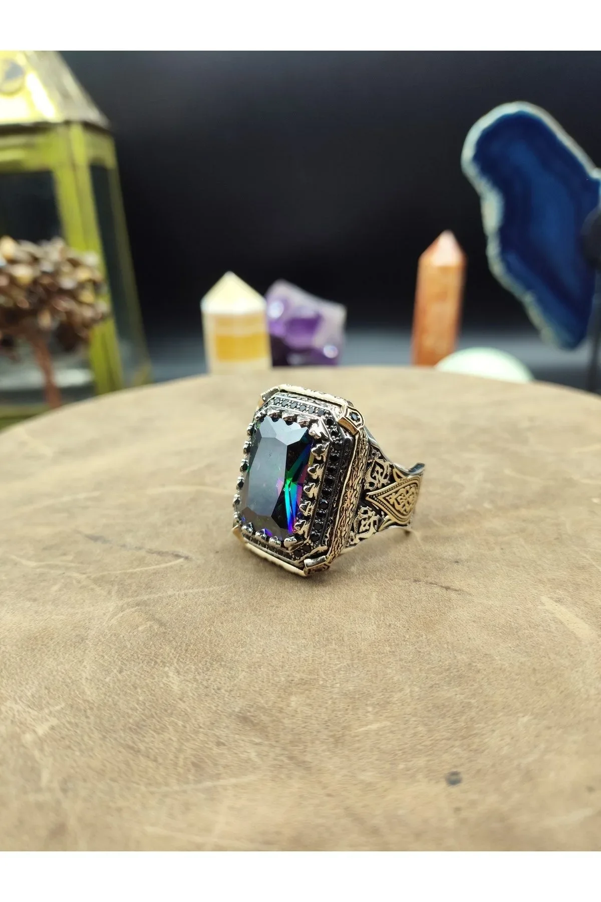 Erkek Gümüş Yüzük Mistik Topaz Taşlı 925 Ayar