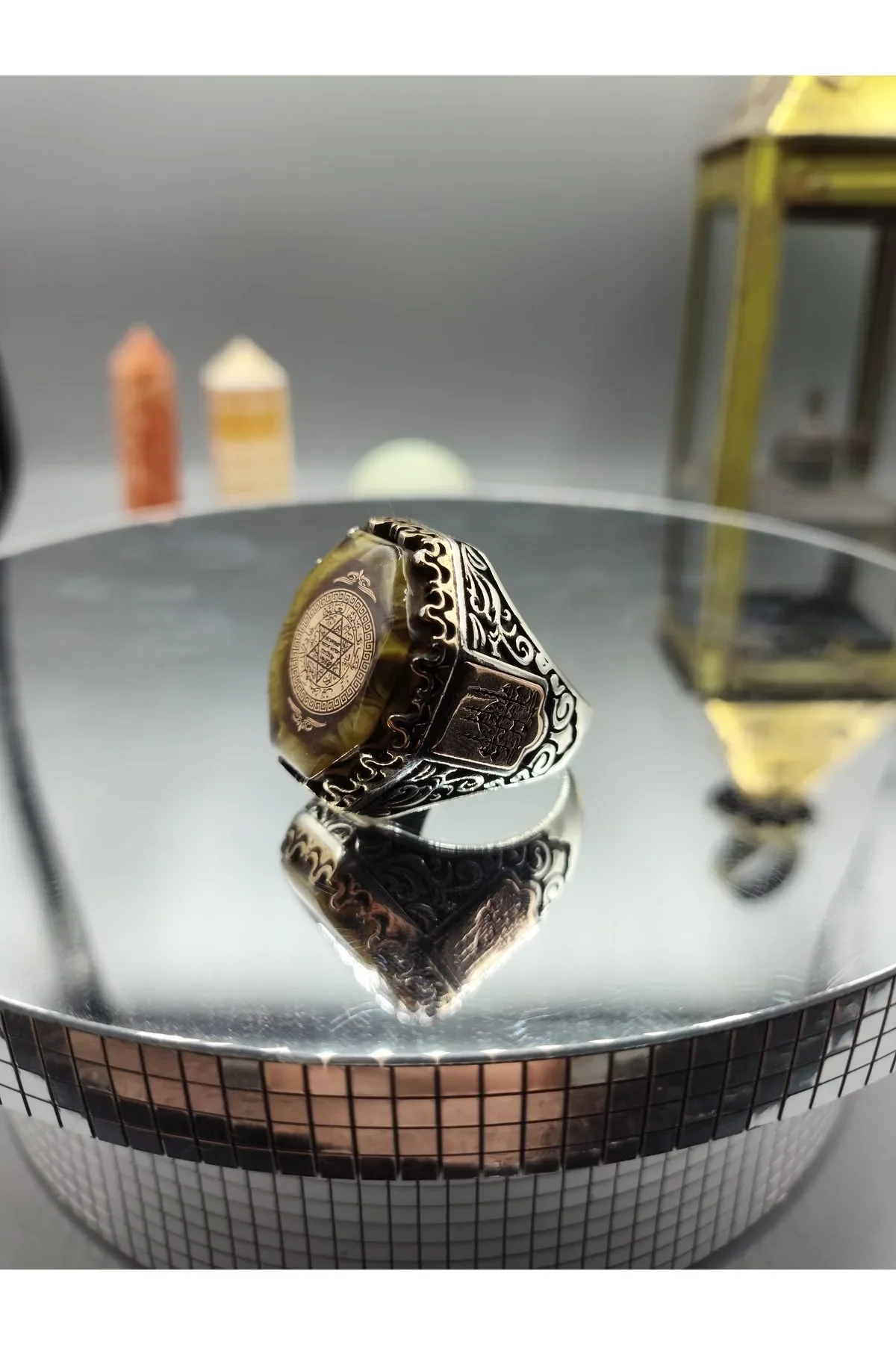 Kehribar Taşlı Köşeli Hz. Süleyman Mührü Motifli 925 Ayar Gümüş Yüzük 25.3 gram