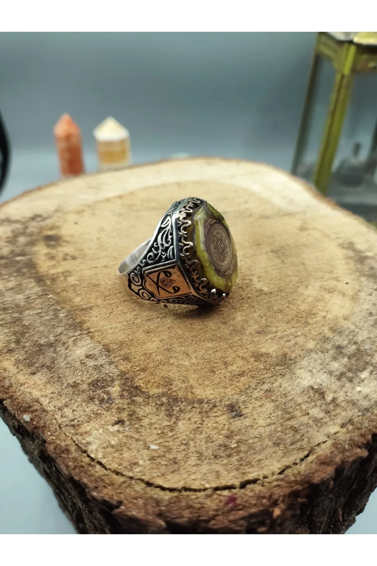 Kehribar Taşlı Köşeli Hz. Süleyman Mührü Motifli 925 Ayar Gümüş Yüzük 25.3 gram