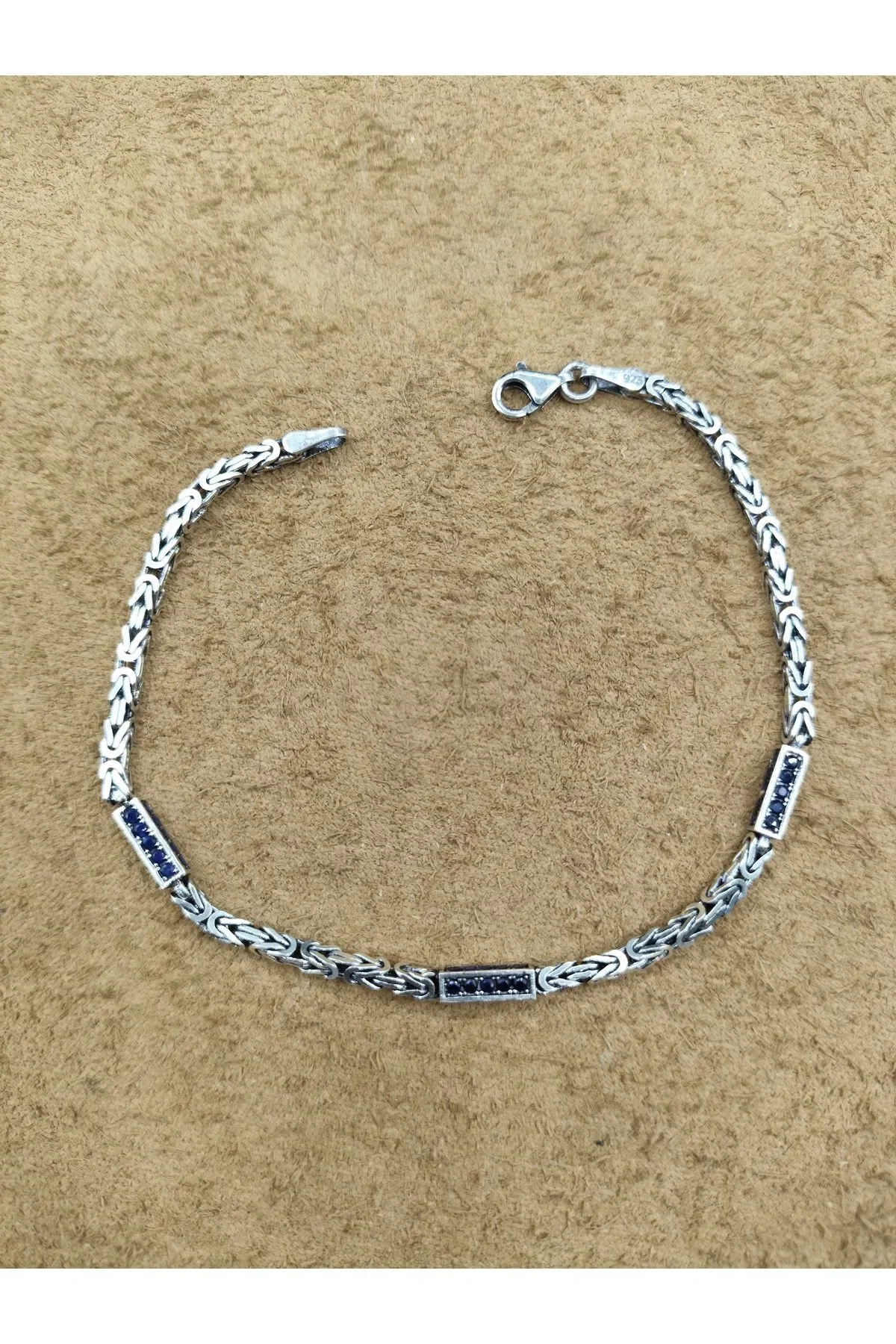 925 Ayar Gümüş Bileklik Kral Zincir Model Pave Lacivert Zirkon Taşlı 21 cm 7 Gram