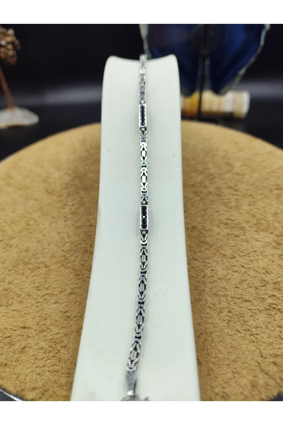 925 Ayar Gümüş Bileklik Kral Zincir Model Pave Lacivert Zirkon Taşlı 21 cm 7 Gram