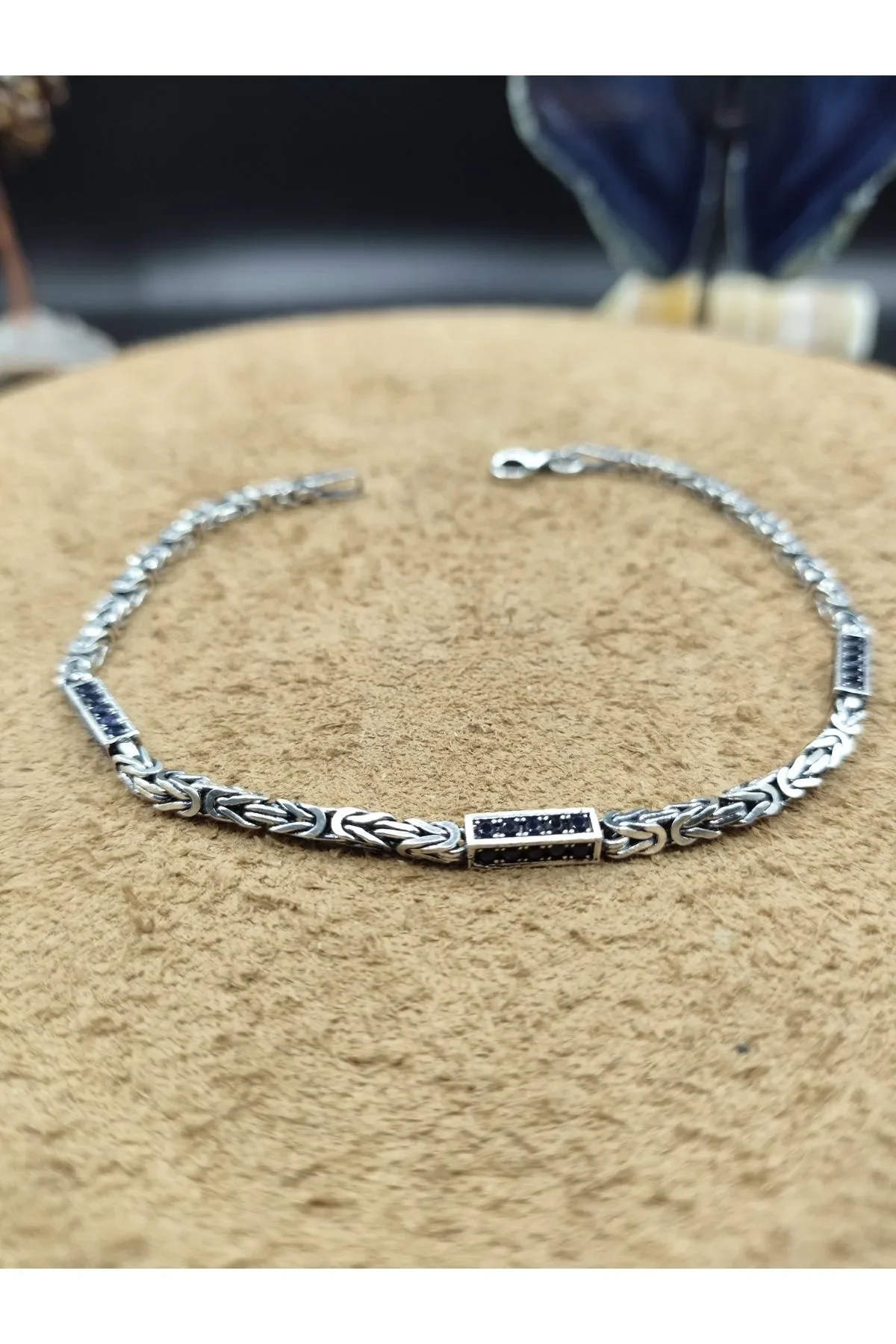 925 Ayar Gümüş Bileklik Kral Zincir Model Pave Lacivert Zirkon Taşlı 21 cm 7 Gram