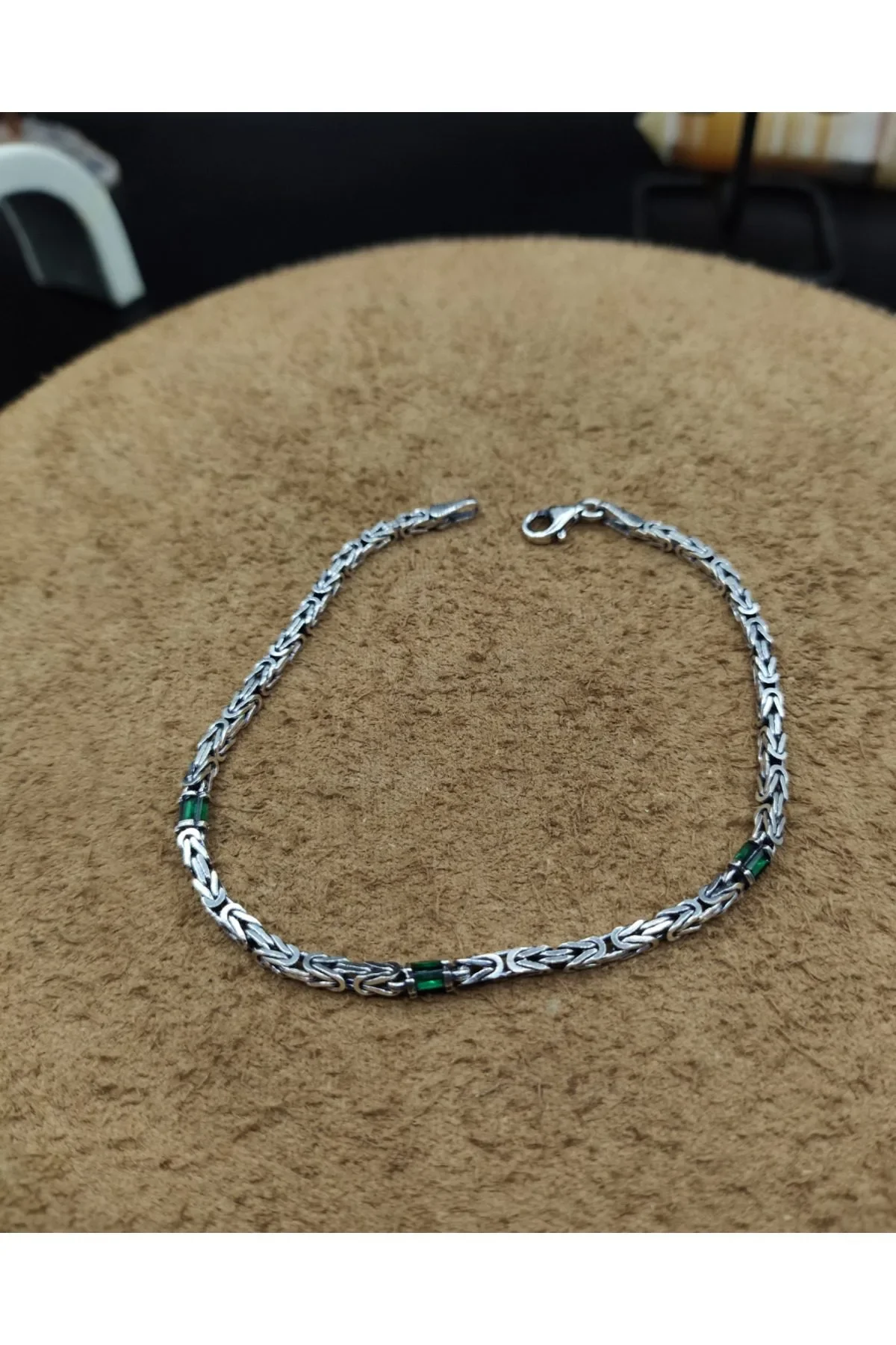 925 Ayar Gümüş Bileklik Kral Zincir Model Yeşil Zirkon Taşlı 21 cm 6,5 Gram