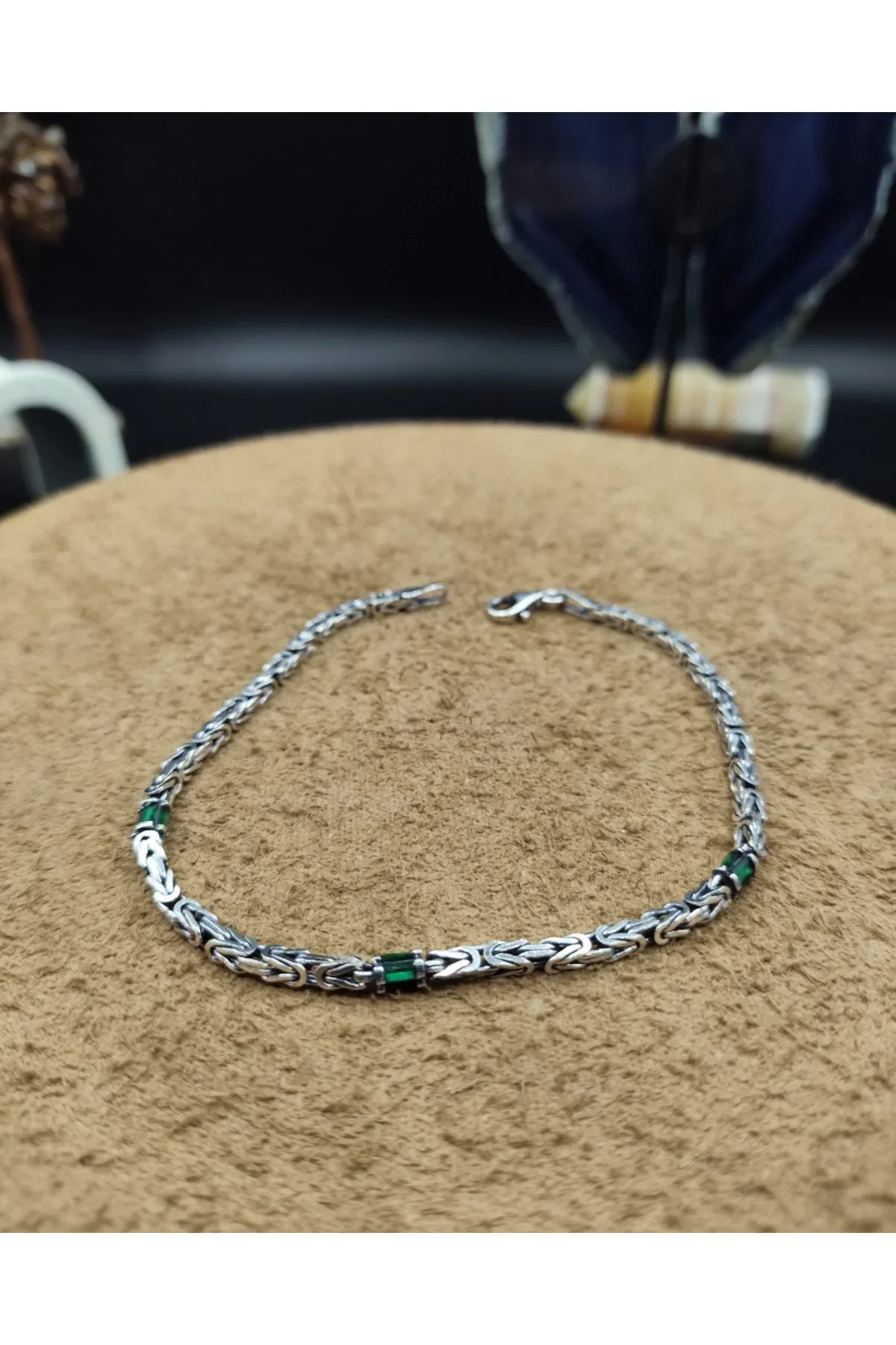925 Ayar Gümüş Bileklik Kral Zincir Model Yeşil Zirkon Taşlı 21 cm 6,5 Gram