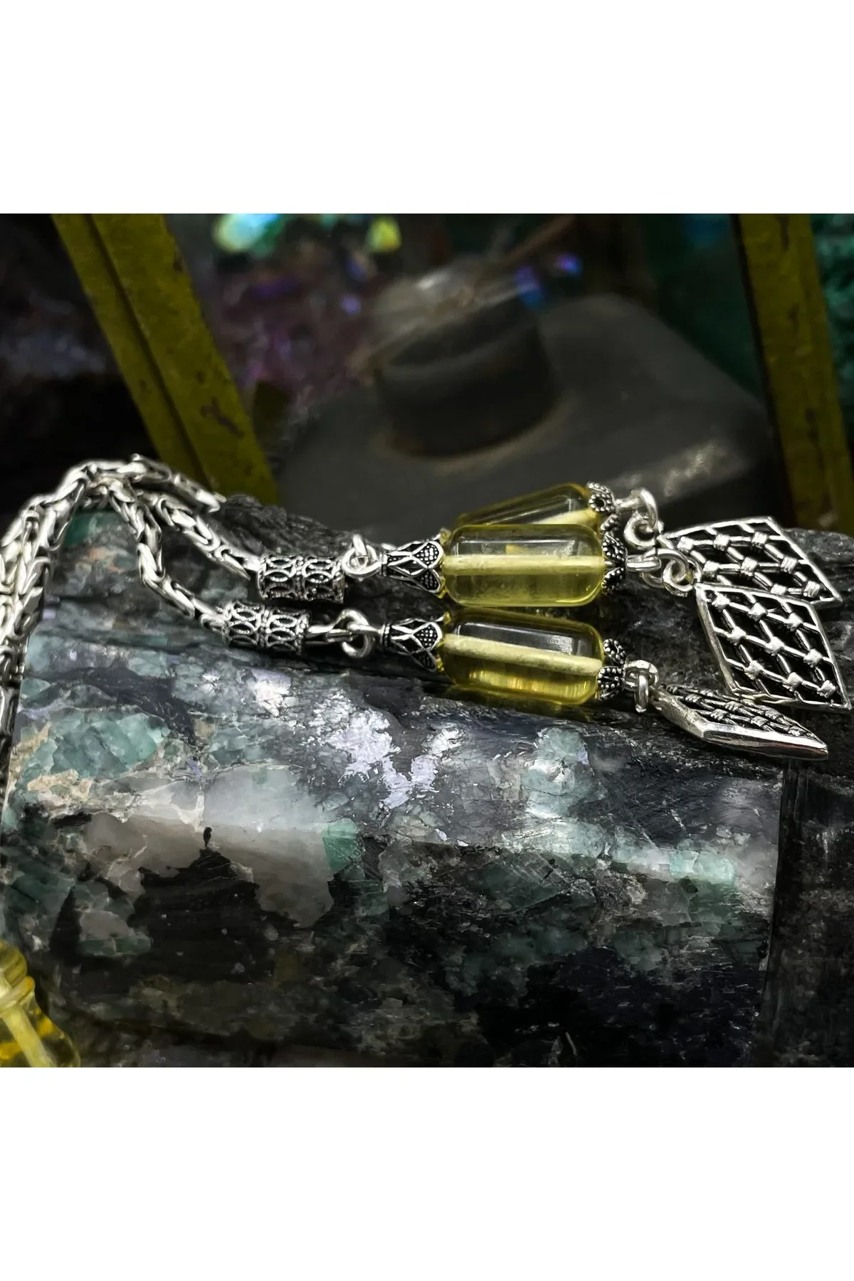 El Yapımı Damla Kehribar Tesbih – 38cm, 7mm x 14mm Çap, 925 Ayar Gümüş Püskül 20 Gr