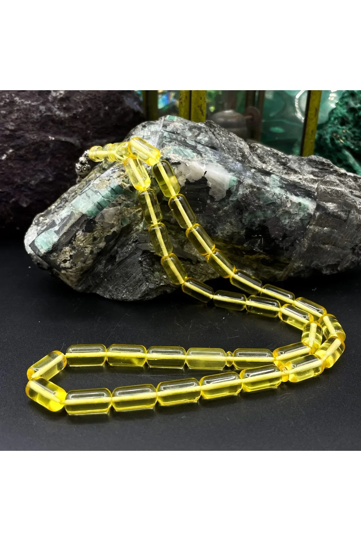 El Yapımı Damla Kehribar Tesbih – 38cm, 7mm x 14mm Çap, 925 Ayar Gümüş Püskül 20 Gr