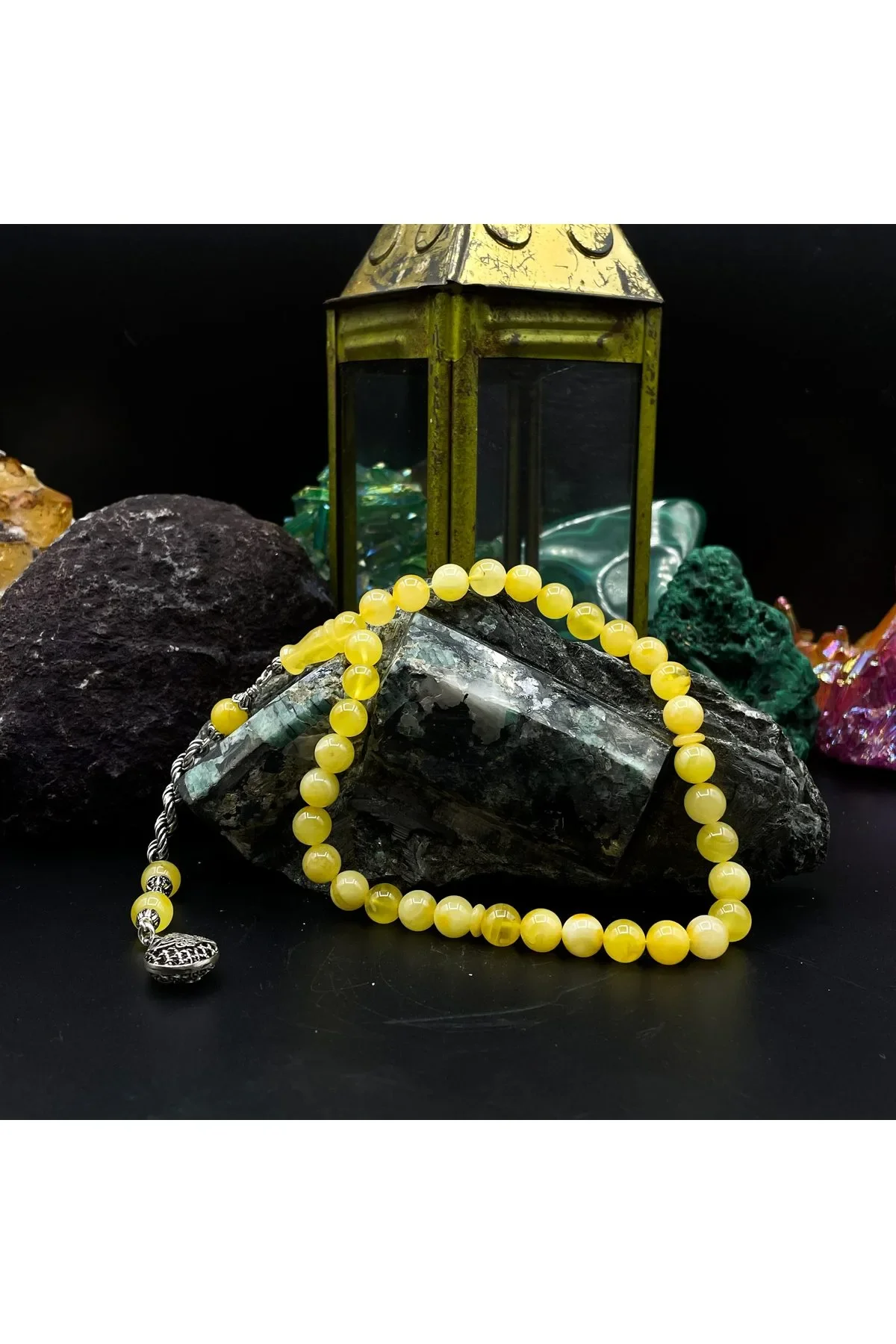 925 Ayar Gümüş Osmanlı Tuğralı Püsküllü Altın Sarısı Damla Kehribar Tesbih