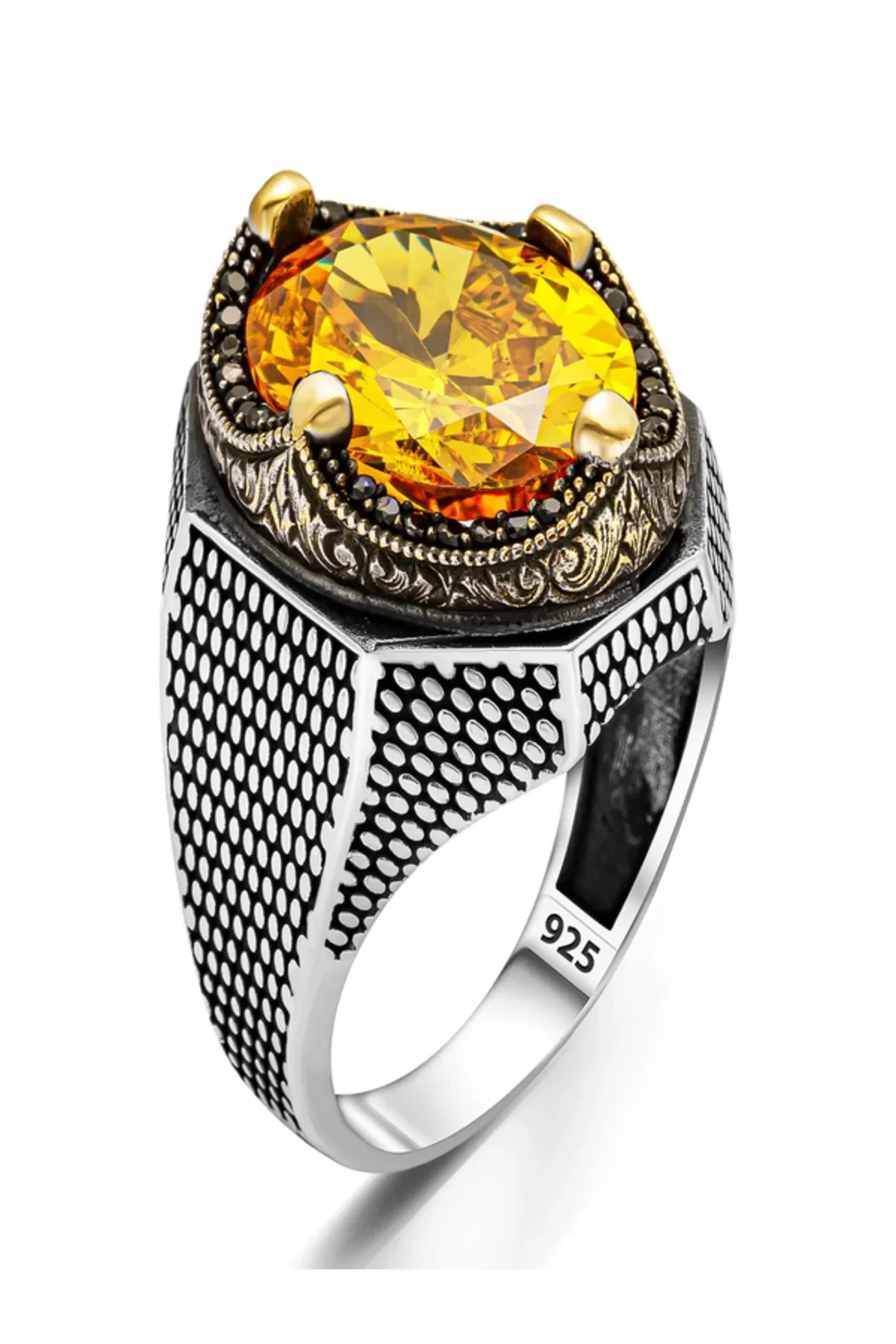 Erkek Siyah Taşlı Oval Sarı Zirkon Yüzük Gotik ve Vintage tasarım 925 ayar 21.33 gr