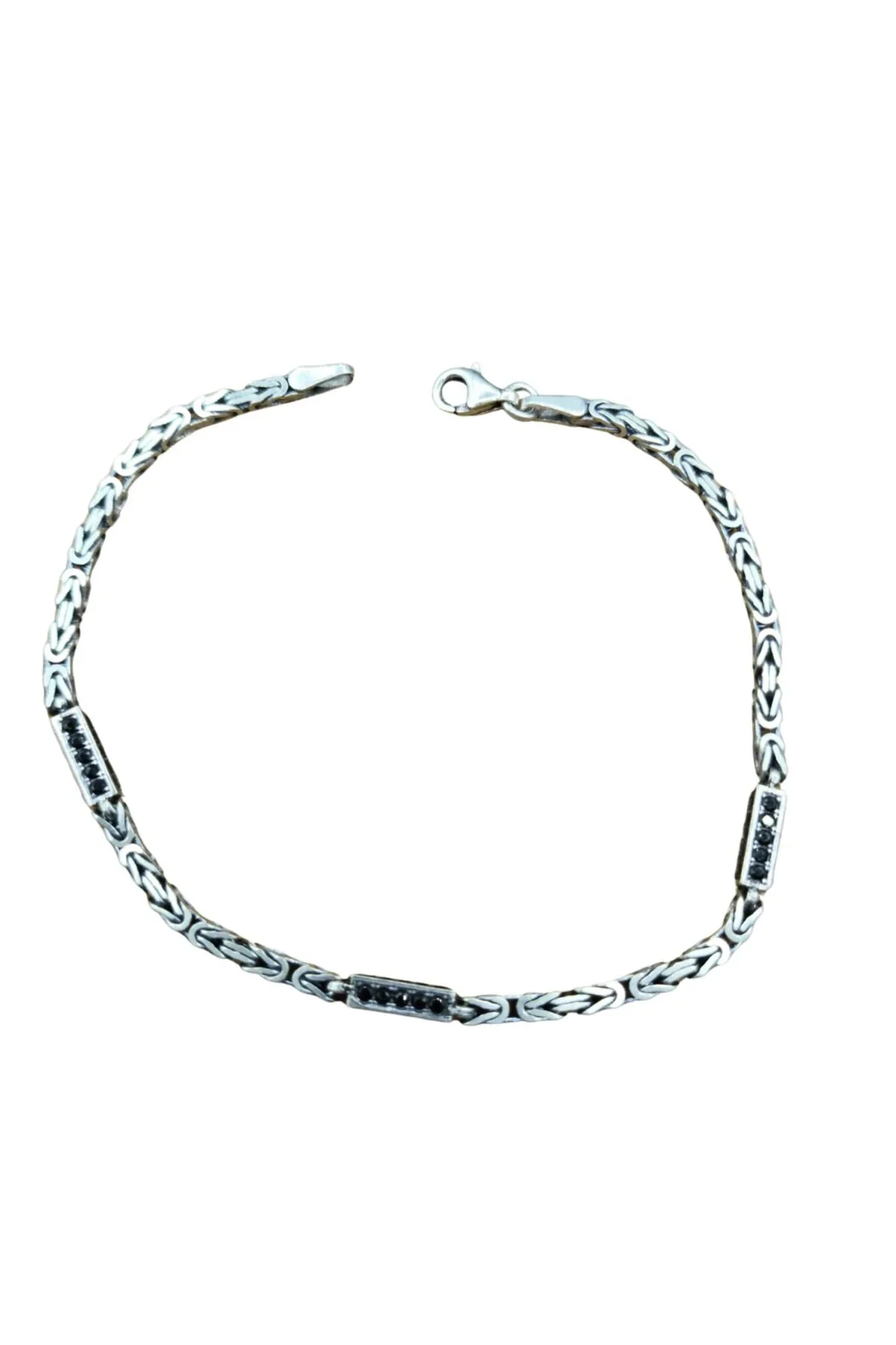 925 Ayar Gümüş Bileklik Kral Zincir Model Siyah Taşlı 21 cm 7,7 Gram