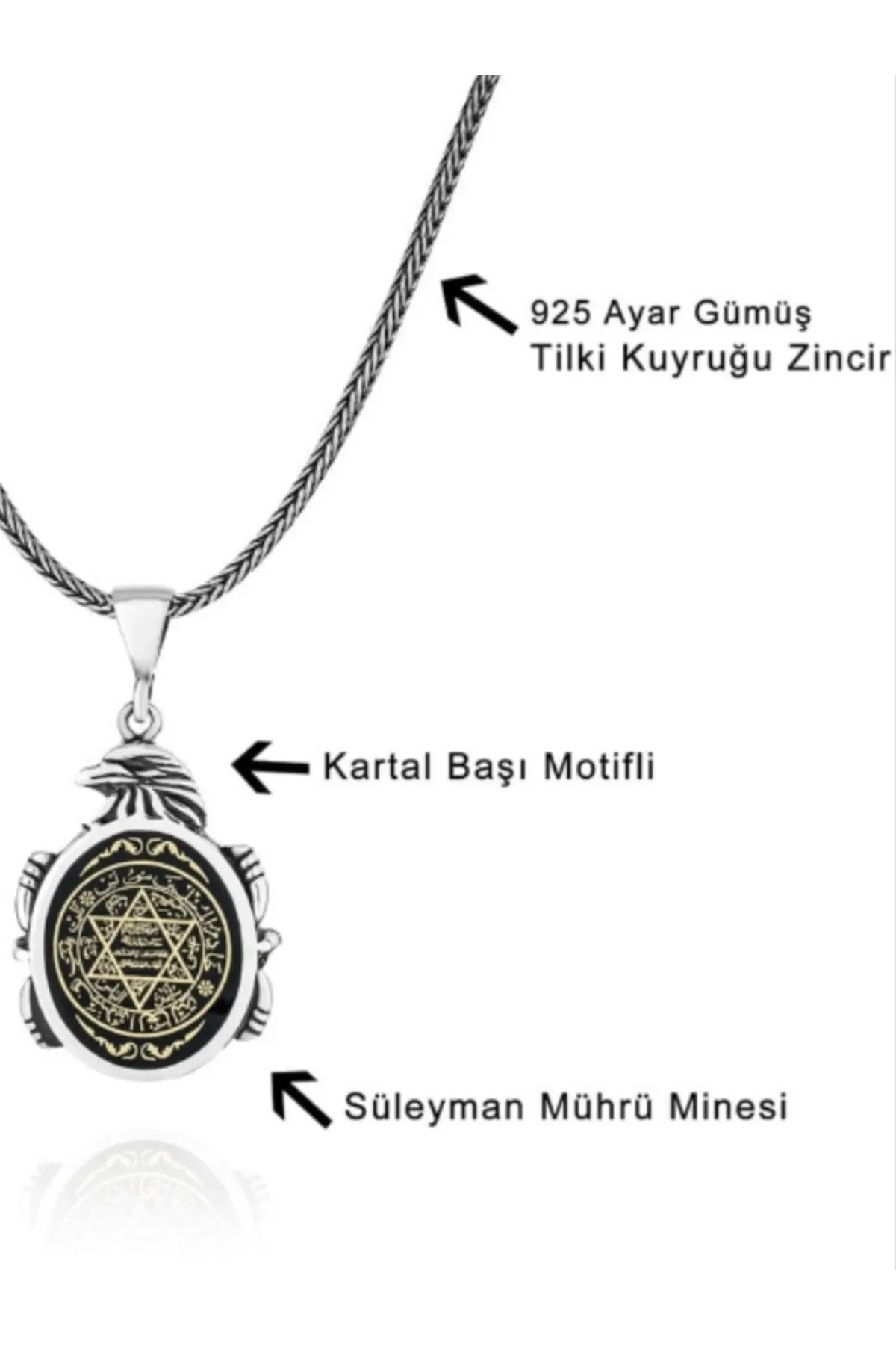 925 Ayar Gümüş Kartal Başı Motifli Süleyman Mührü Mineli Erkek Kolye