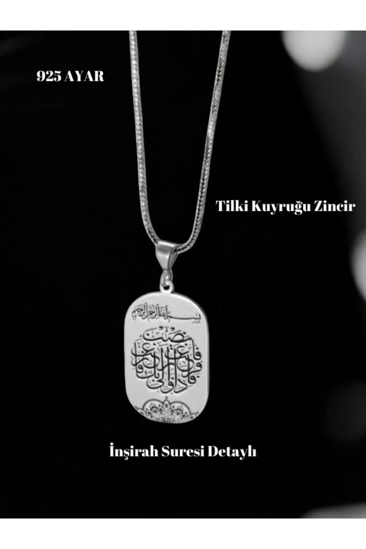 925 Ayar Gümüş Tilki Kuyruğu Zincirli İnşirah Suresi Erkek Kolye Manevi