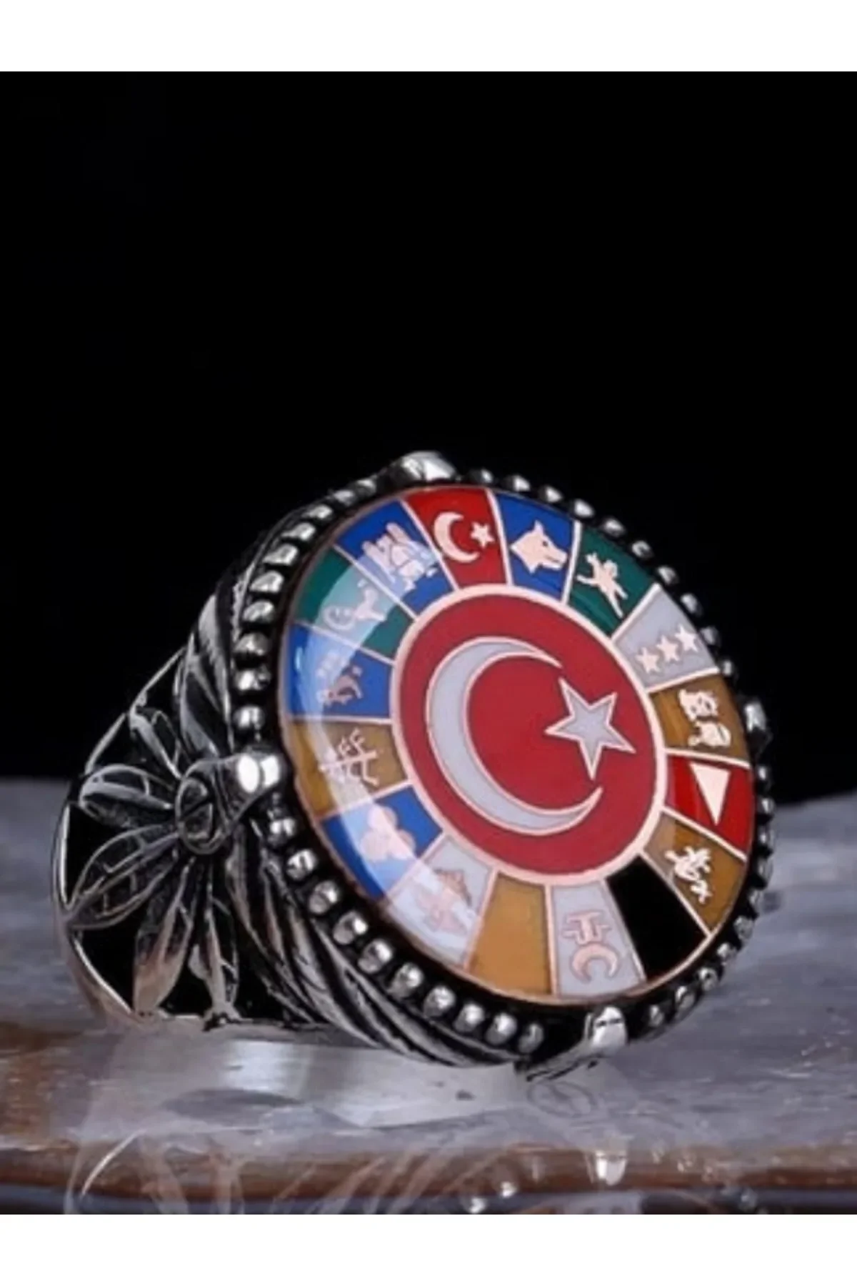 Erkek Gümüş Yüzük Ay Yıldız 16 Türk Devleti El İşçiliği Tarihi Motifli 925 Ayar