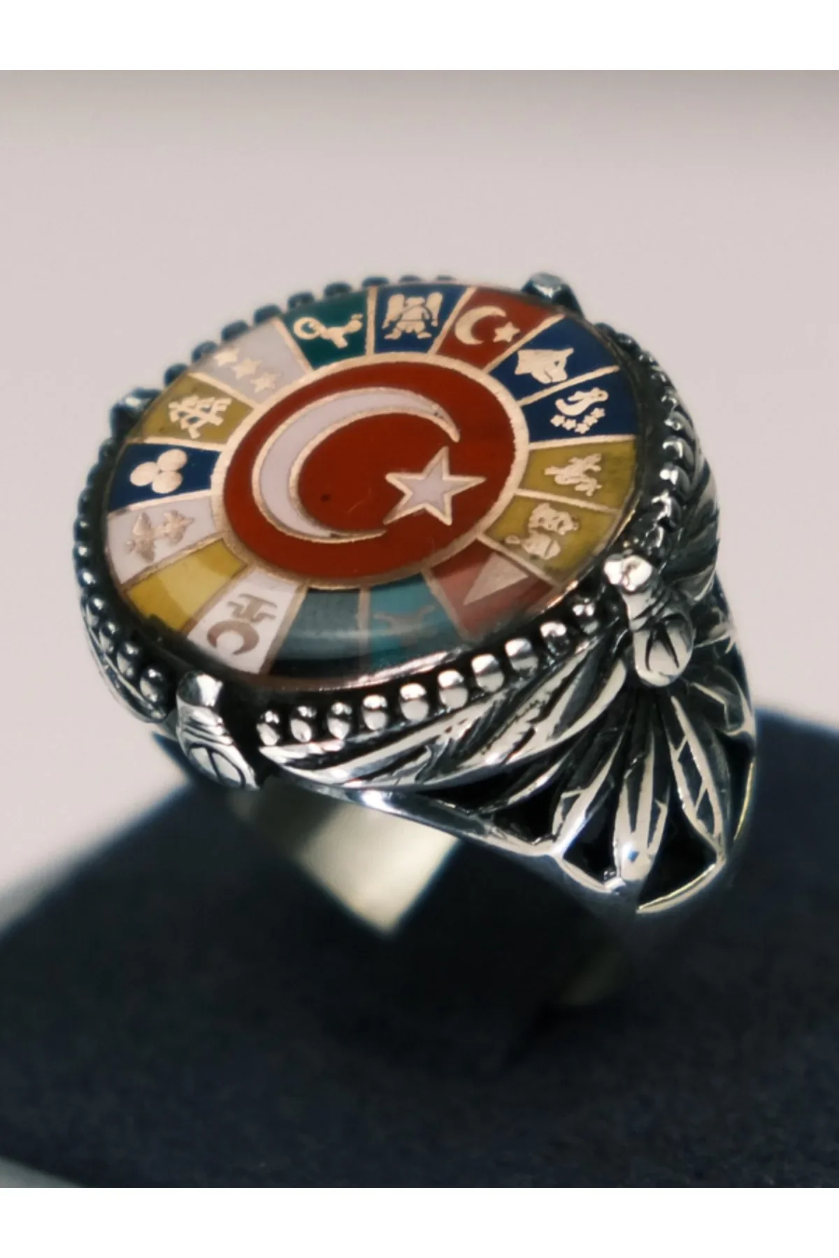Erkek Gümüş Yüzük Ay Yıldız 16 Türk Devleti El İşçiliği Tarihi Motifli 925 Ayar