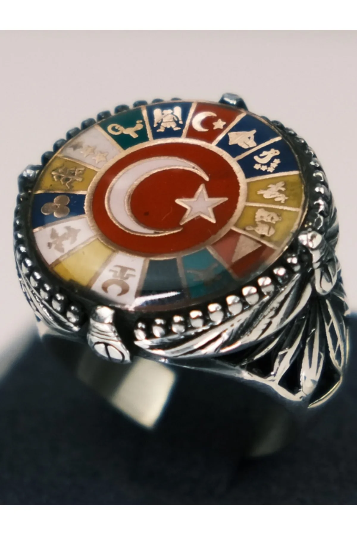 Erkek Gümüş Yüzük Ay Yıldız 16 Türk Devleti El İşçiliği Tarihi Motifli 925 Ayar