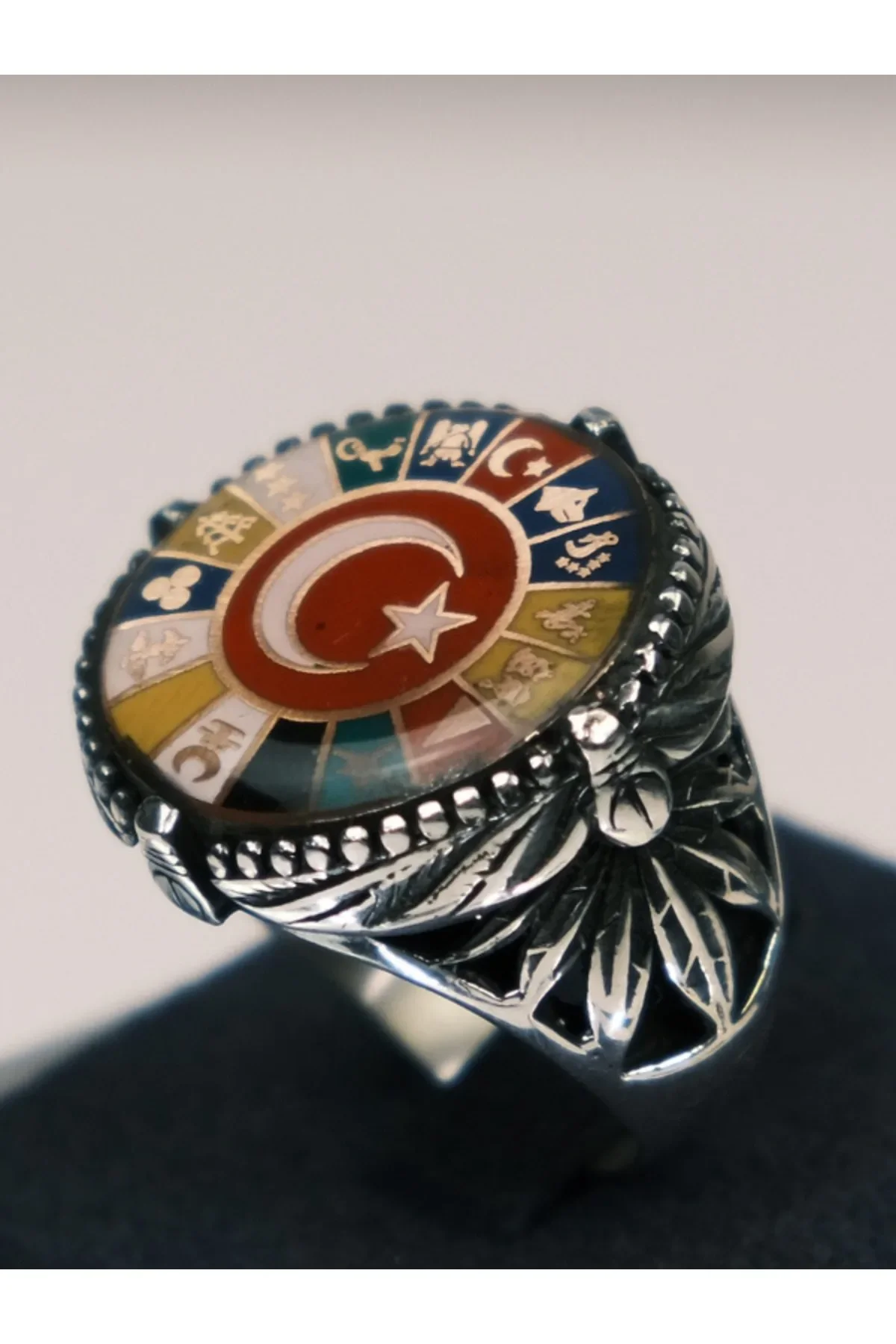 Erkek Gümüş Yüzük Ay Yıldız 16 Türk Devleti El İşçiliği Tarihi Motifli 925 Ayar