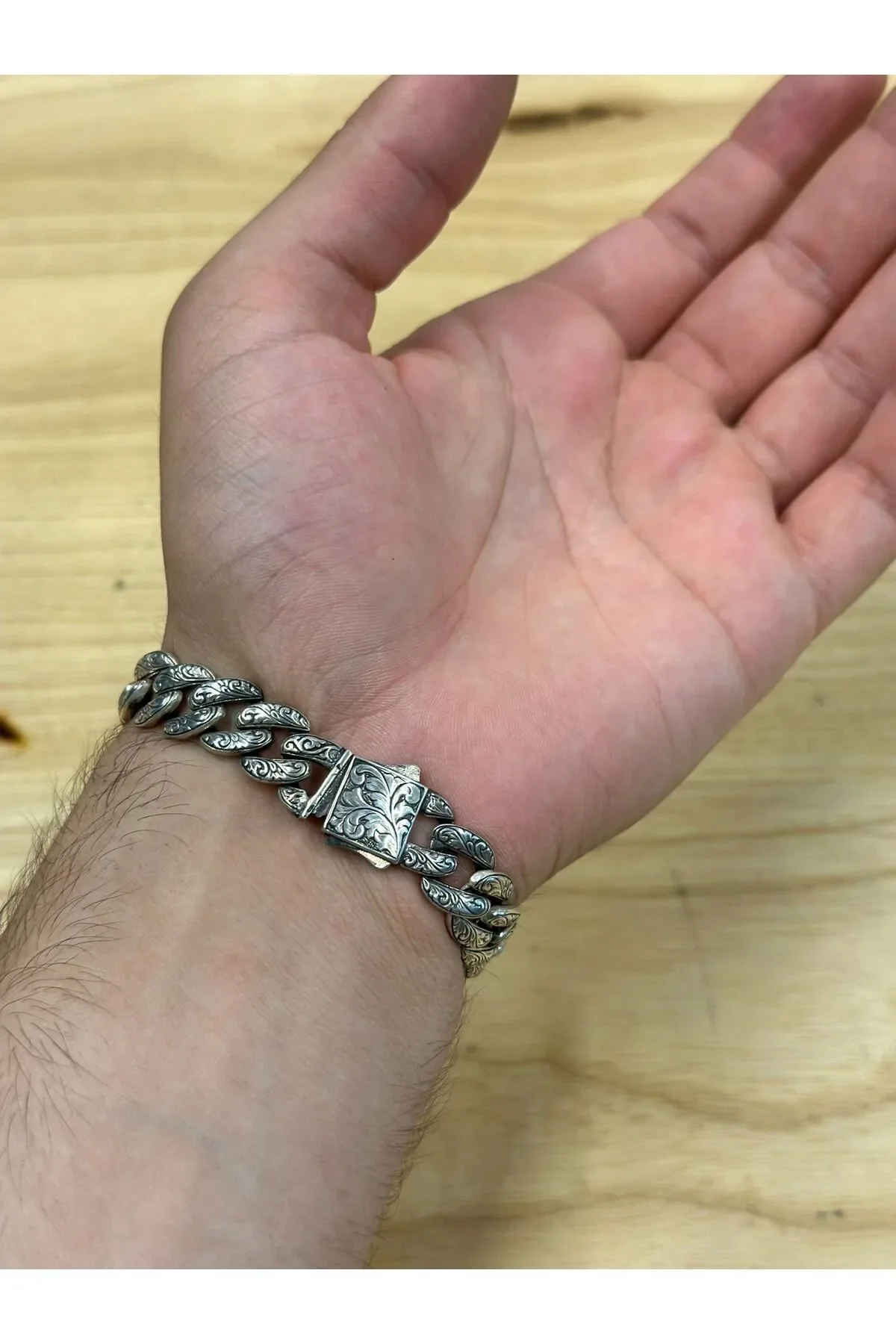 925 Ayar Gümüş İşlemeli Kalın Gurmet Zincir Opal Taşlı Bileklik