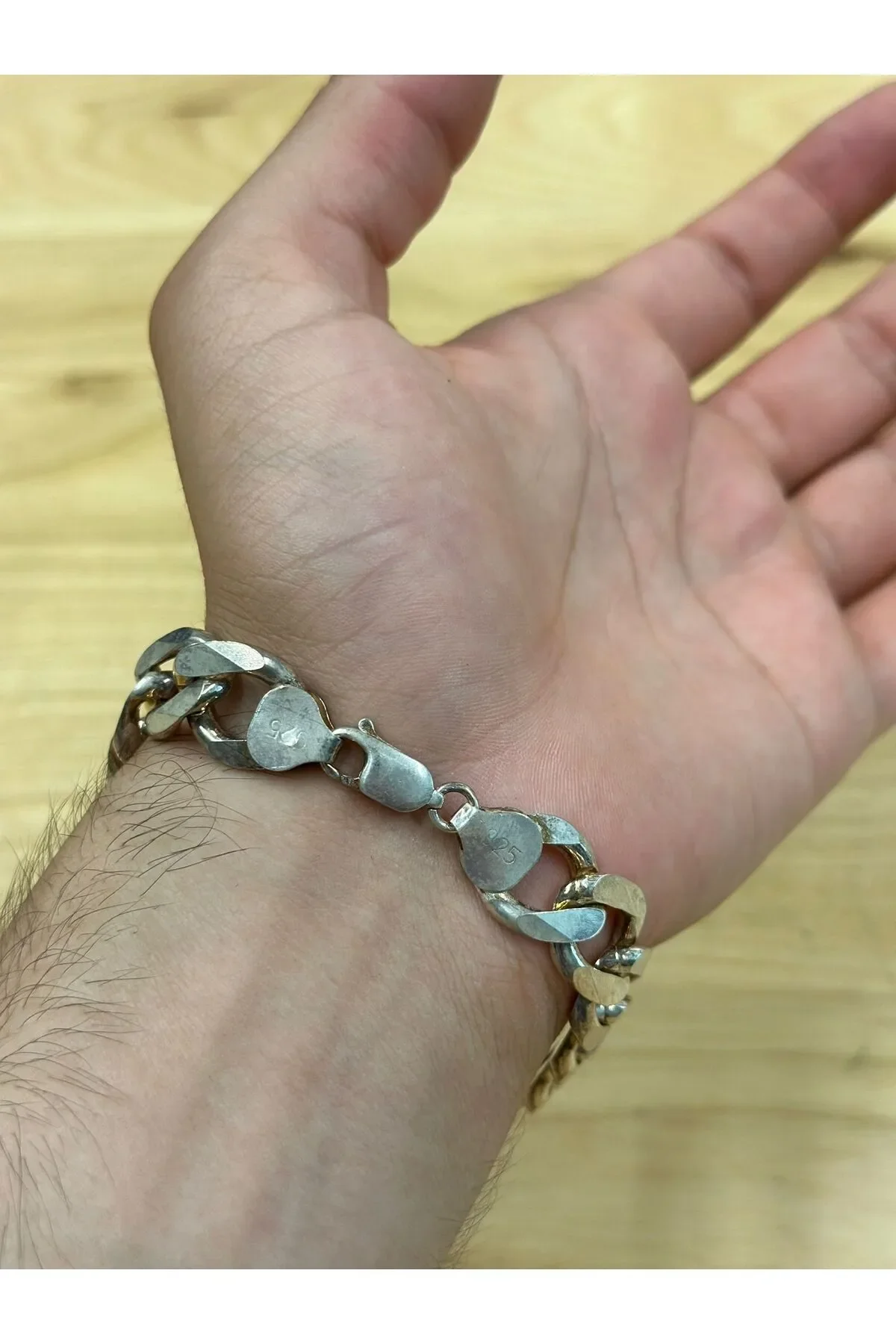 925 Ayar Gümüş Kalın Gurmet Zincir Opal Taşlı Bileklik Günlük