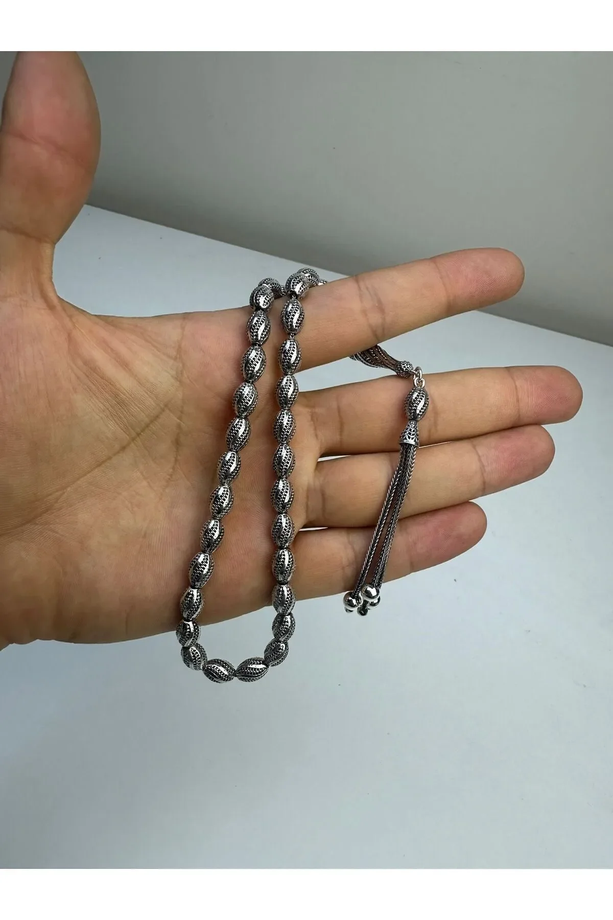 925 Ayar Gümüş Oksitli Fizyon Arpa Kesim Tesbih El Yapımı