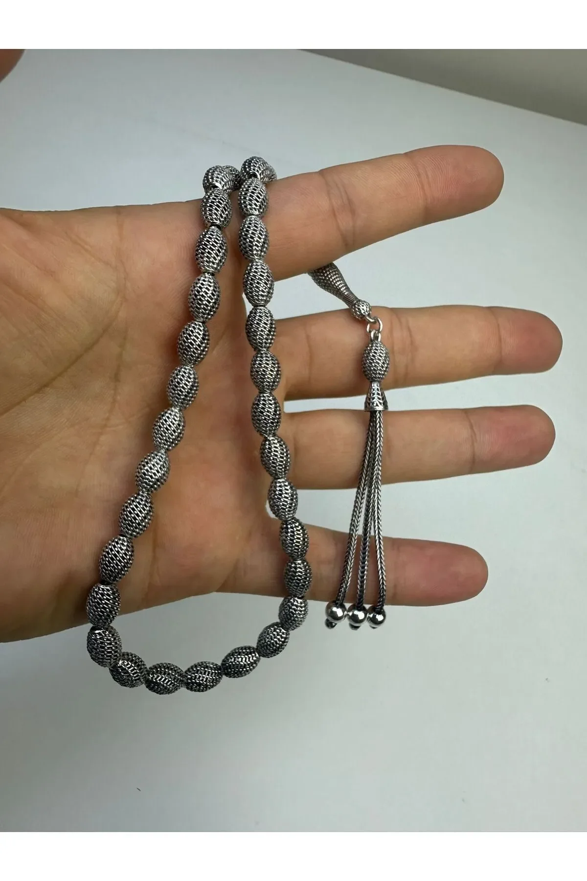 925 Ayar Gümüş Oksitli Fizyon Arpa Kesim Tesbih El Yapımı