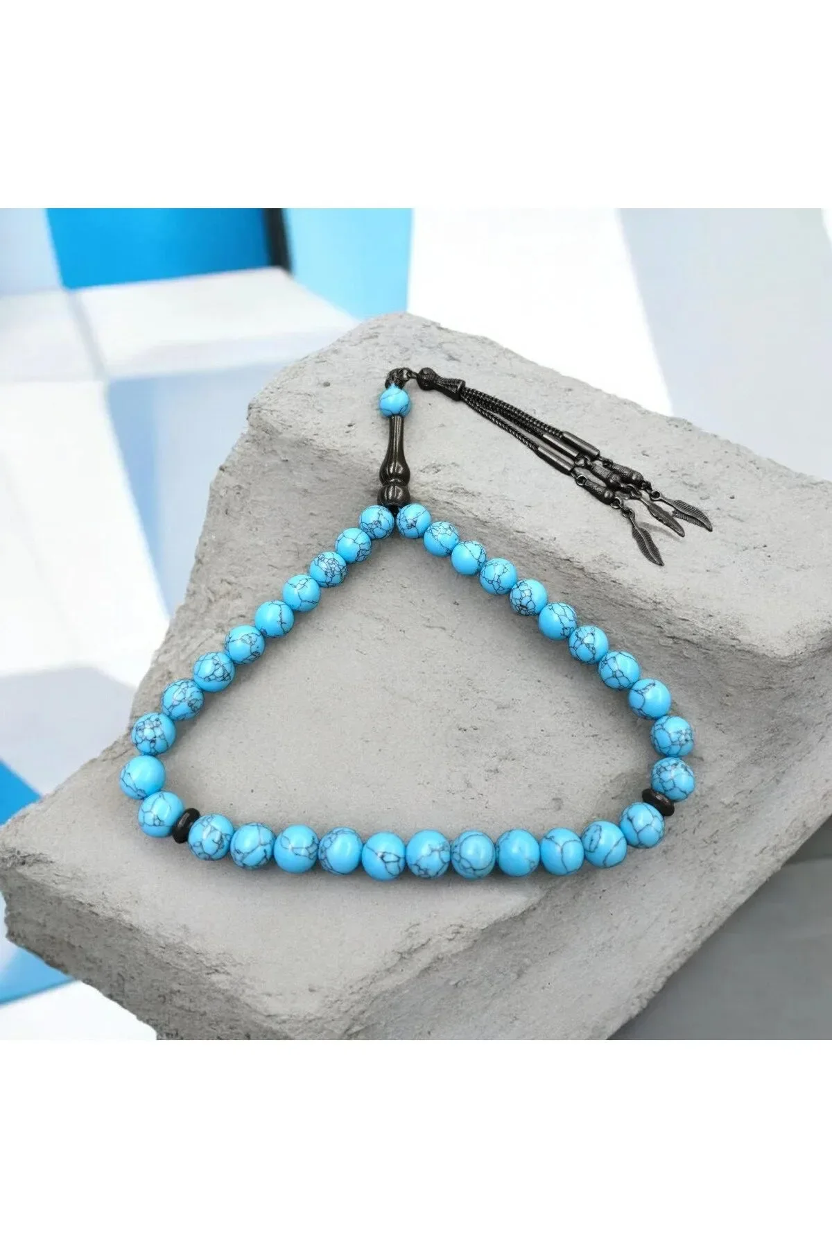 Doğal Firuze Taş Tesbih Küre Kesim 8x8 mm - Siyah Metal Püsküllü 27 cm