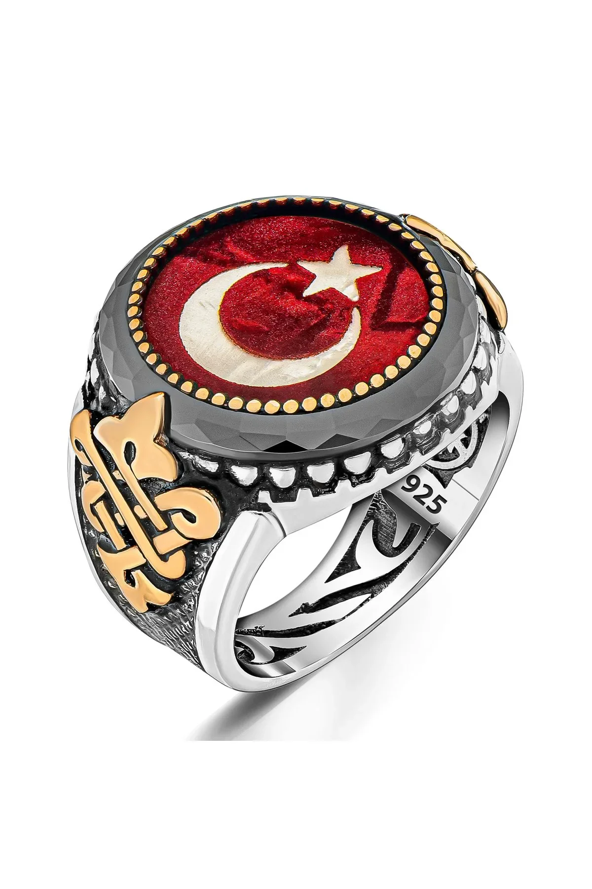Erkek Gümüş Yüzük Ay Yıldız Mineli Gold Detaylı 925 Ayar