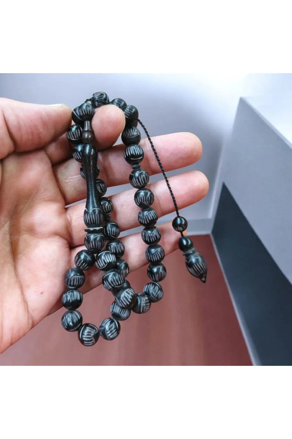 Siyah Deve Kemiği Tesbih Küre Kesim 10x10 mm - Hint Kınası Boyalı Özel Üretim 32 cm