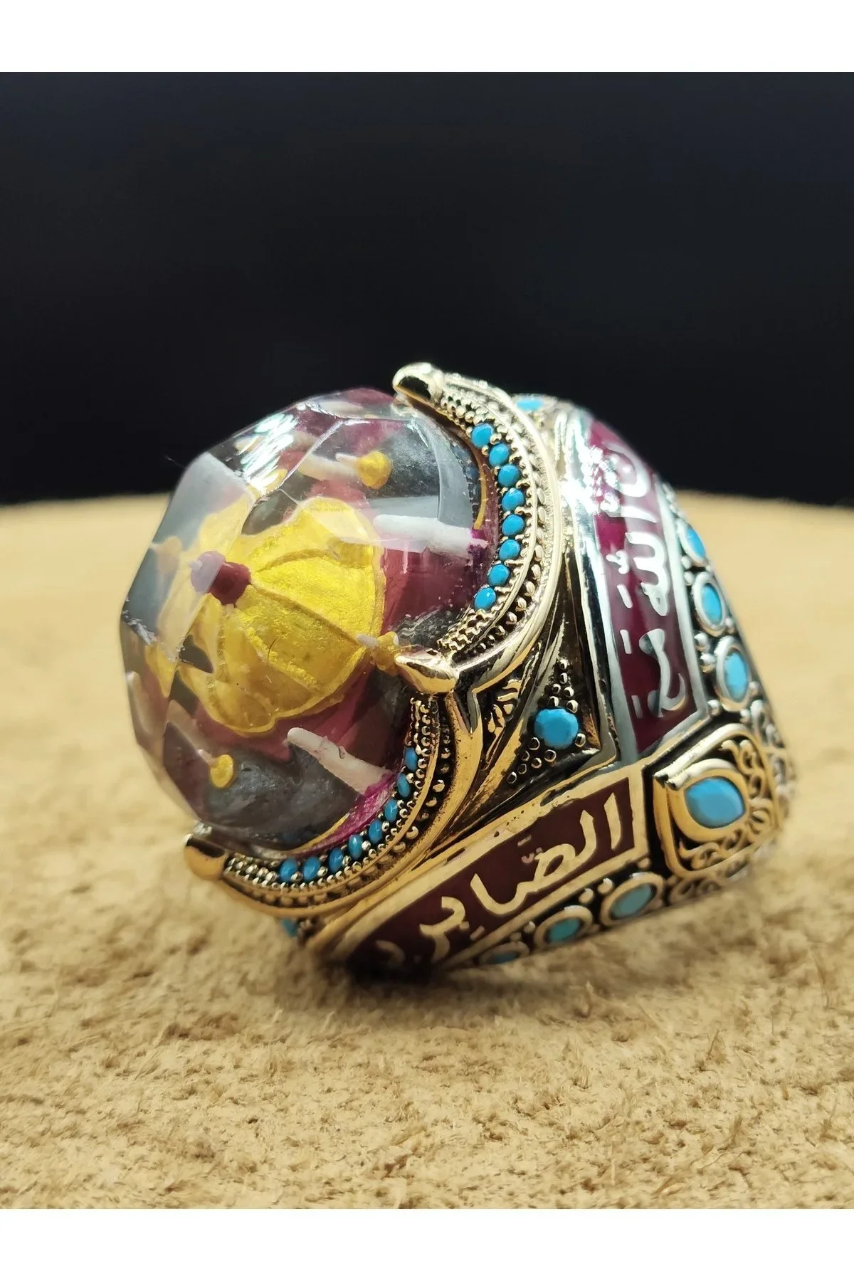 Erkek Gümüş Yüzük Cami Motifli Turkuaz Taşlı 925 Ayar