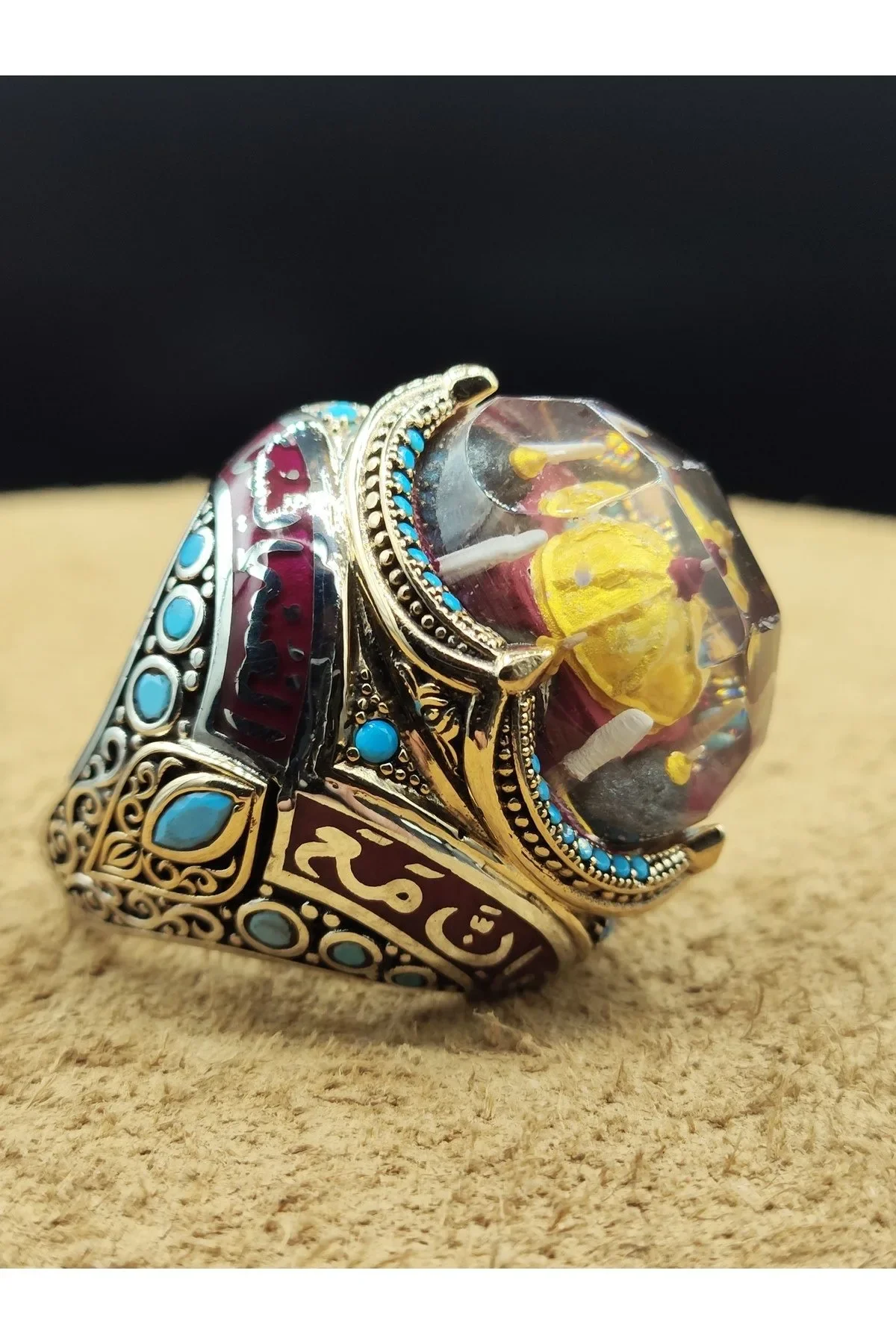 Erkek Gümüş Yüzük Cami Motifli Turkuaz Taşlı 925 Ayar