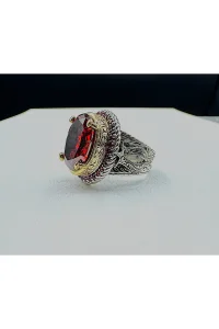 925 Ayar Gümüş Yüzük Kırmızı Zirkon Taşlı Mor Zirkon Kenarlı Oval Model El İşçiliği
