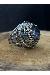Erkek Gümüş Yüzük Mistik Topaz Taşlı 925 Ayar