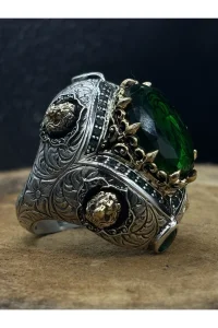 Erkek Gümüş Yüzük Aslan İşlemeli Yeşil Zirkon Taşlı 925 Ayar