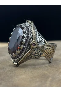 Erkek Gümüş Yüzük Kırmızı Zirkon Taşlı 925 Ayar
