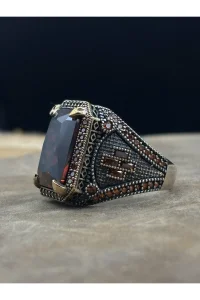 Erkek Gümüş Yüzük Kırmızı Zirkon Taşlı 925 Ayar