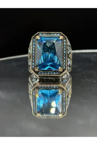 Erkek Gümüş Yüzük Aqua Blue Taşlı 925 Ayar