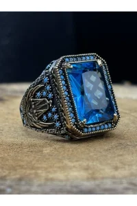 Erkek Gümüş Yüzük Aqua Blue Taşlı 925 Ayar