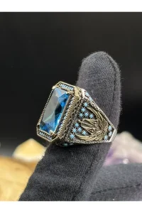 Erkek Gümüş Yüzük Aqua Blue Taşlı 925 Ayar