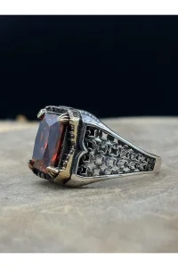 Erkek Gümüş Yüzük Kırmızı Zirkon Taşlı 925 Ayar