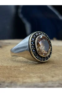 Erkek Gümüş Yüzük Sitrin Taşlı 925 Ayar