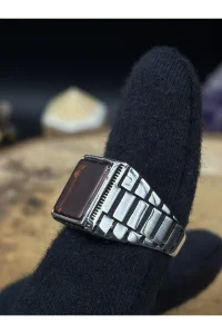 Erkek Gümüş Yüzük Kırmızı Akik Taşlı 925 Ayar